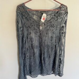 Neiman Marcus Gray Lace Sheer Blouse